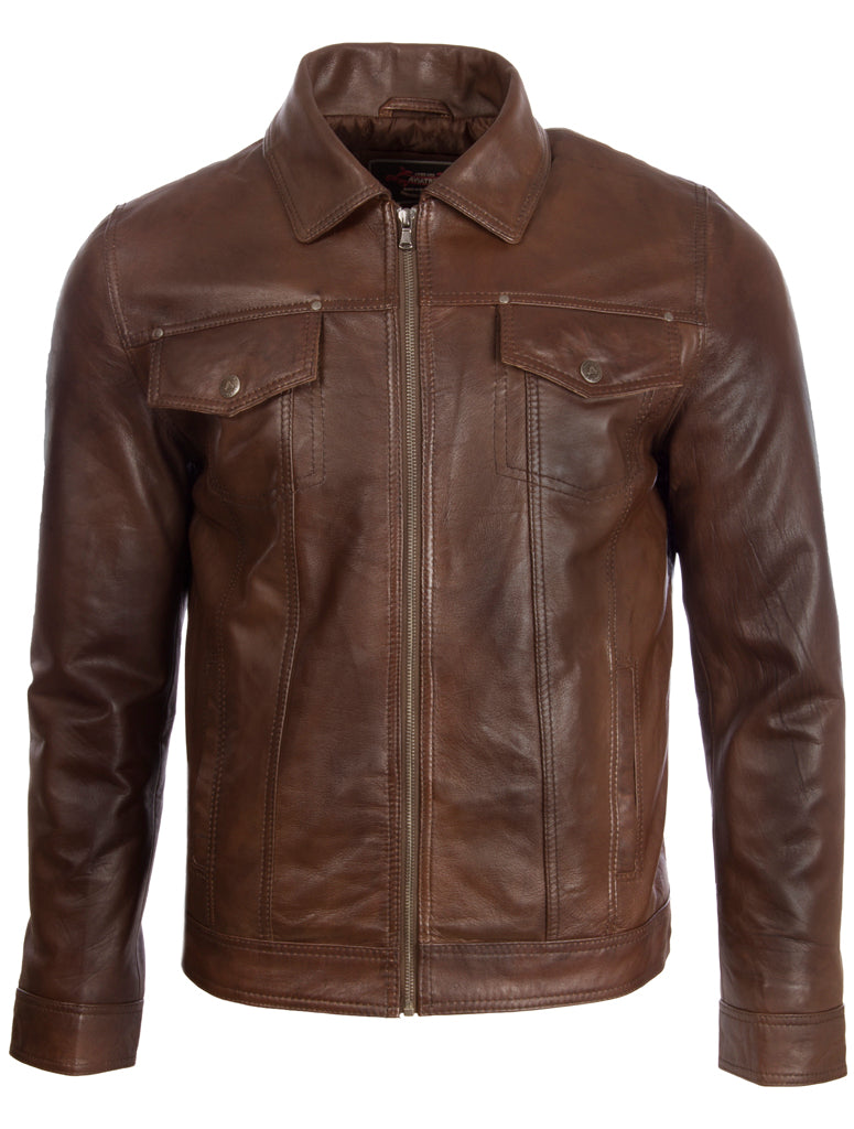 Aviatrix Men's Super-soft Real Leather Classic Harrington Fashion Jacket (AGQ5) - Nevada Brown