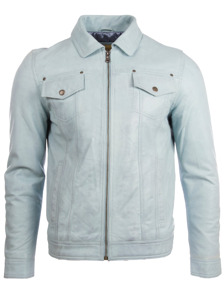 Aviatrix Men's Super-soft Real Leather Classic Harrington Fashion Jacket (AGQ5) - Sky Blue