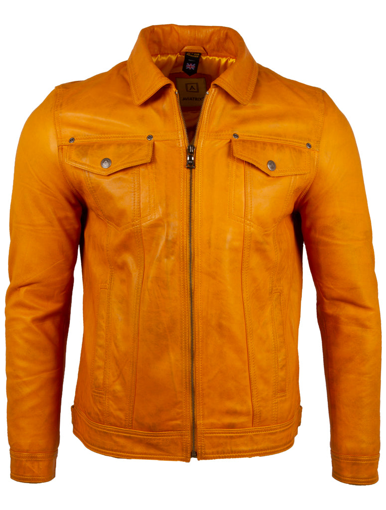 Aviatrix Men's Super-soft Real Leather Classic Harrington Fashion Jacket (AGQ5) - Yellow