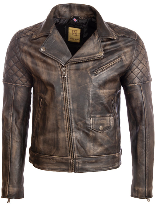 Aviatrix Men's Real Leather Asymmetric Zip Fashion Biker Jacket with Diamond Padding (6MFX)