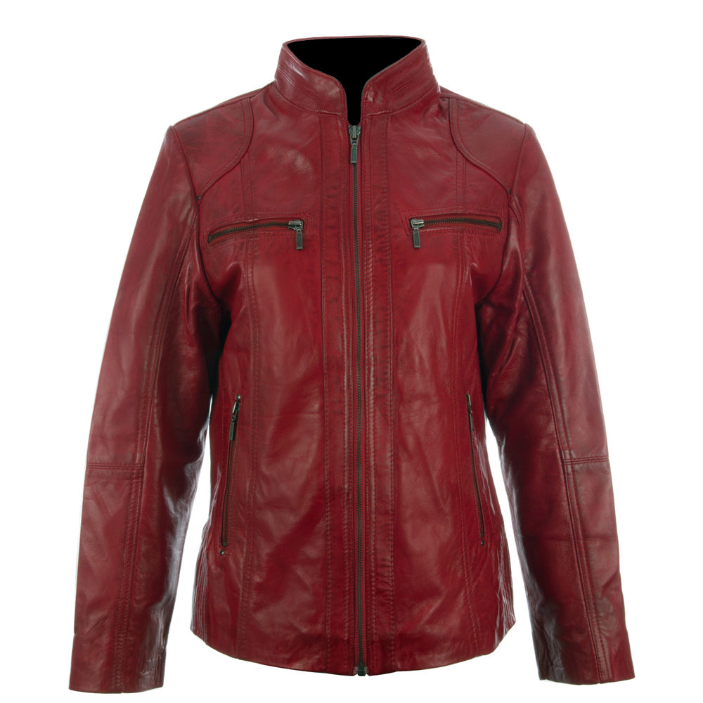 Aviatrix Women's Super Soft Real Leather Band Collar Biker Jacket (OBFQ) Red
