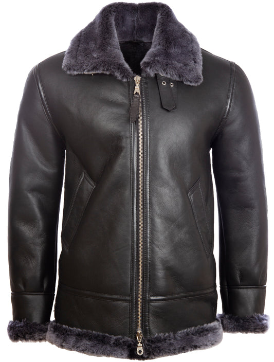 Aviatrix Men's Real Leather Shearling Classic Aviator Pilot Jacket (JEE2)-Black / Snowtop Fur