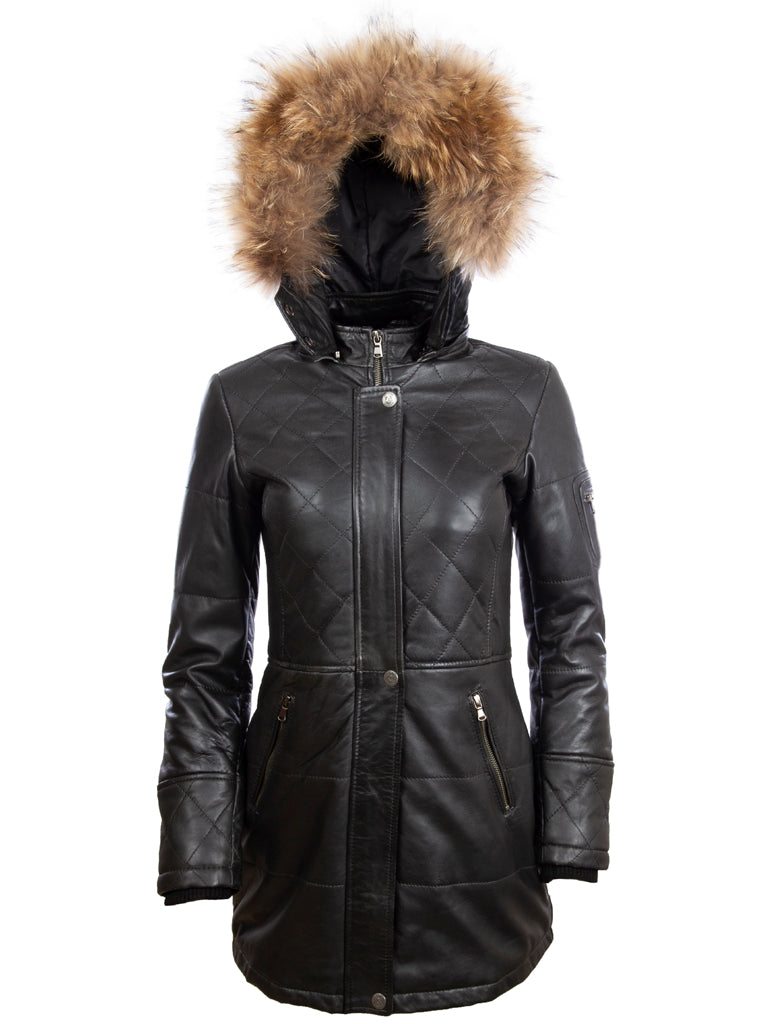 Trench-coat en cuir véritable Aviatrix Trois quarts avec capuche (N5SQ) - Noir