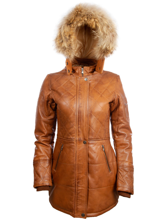 N5SQ Women's Trench Fur Hood Coat - Timber