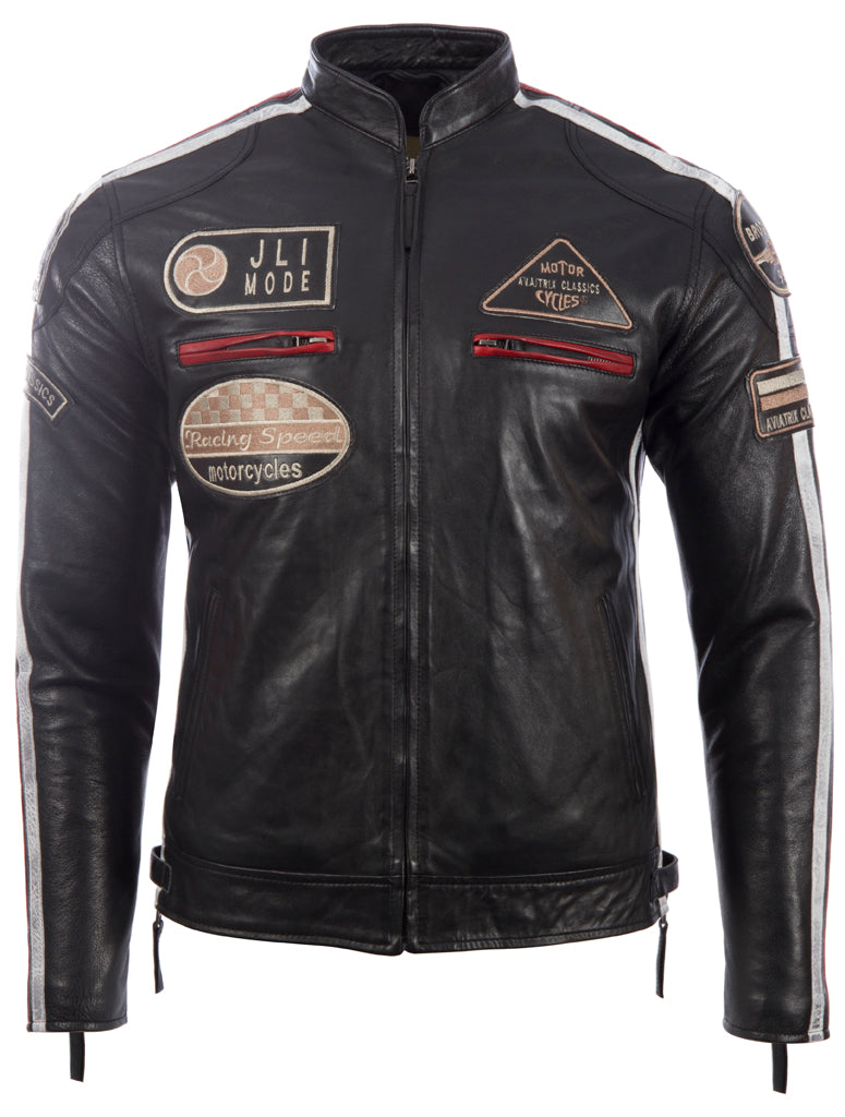 Aviatrix Men's Super-Soft Real Leather Band Collar Patch Fashion Biker Jacket (CXUS) - Black
