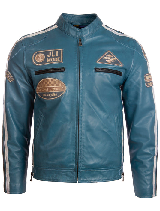 Aviatrix Men's Super-Soft Real Leather Band Collar Patch Fashion Biker Jacket (CXUS) - Denim Blue