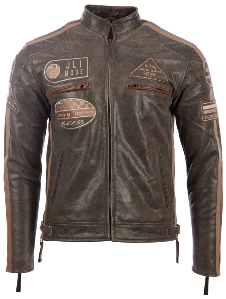 Aviatrix Men's Super-Soft Real Leather Band Collar Patch Fashion Biker Jacket (CXUS) - Desert Tan