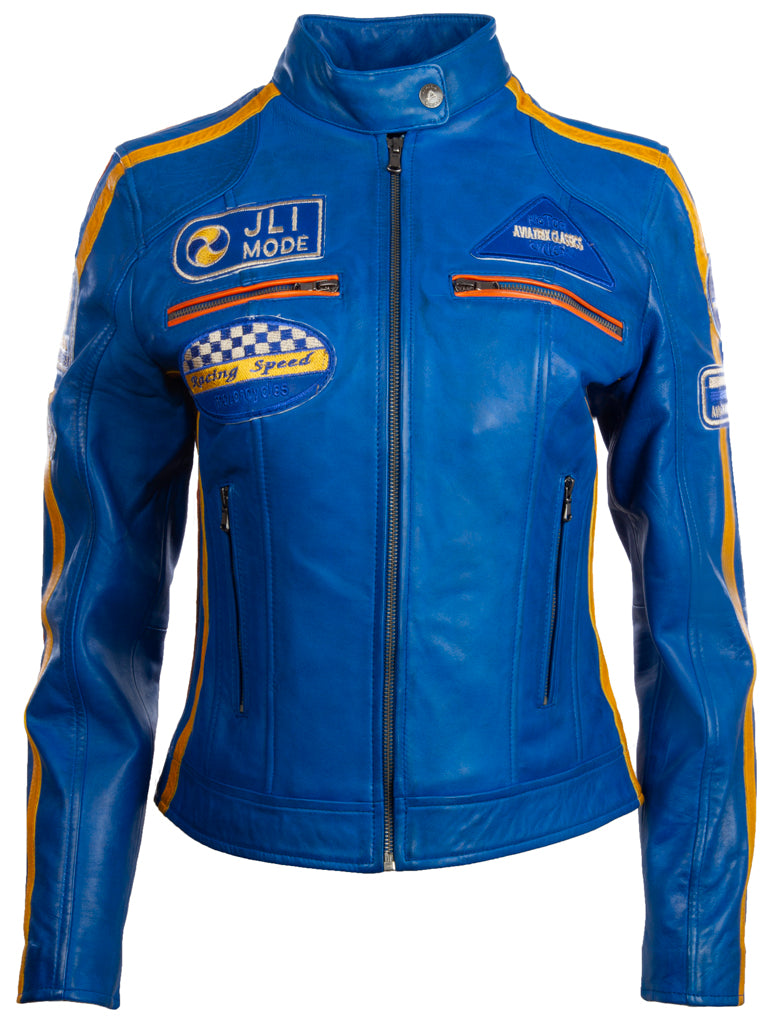 Aviatrix Women's Super-Soft Real Leather Band Collar Patch Fashion Biker Jacket (QOOC) - Electric Blue