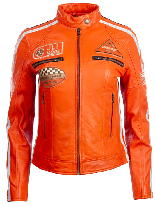 Giacca biker di moda Aviatrix Donna Super-Soft Real Leather Band Patch Fashion Biker (QOOC) - Arancione Chiaro