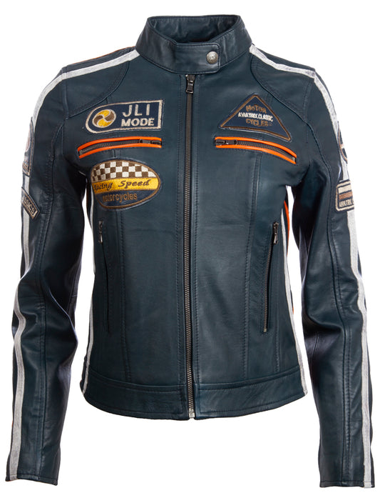 Veste biker fashion biker patch (QOOC) Super-Soft Real Leather Band Band Pour Femmes Aviatrix - Navy Blue