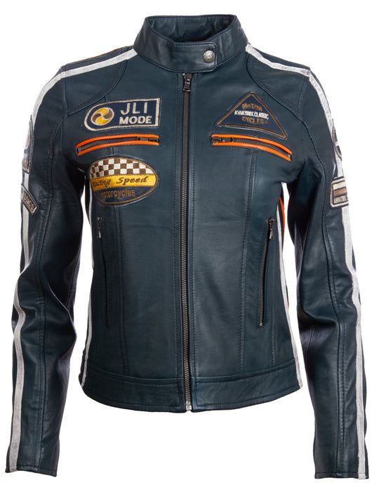 Aviatrix Chaqueta de motociclista de moda con parche de cuello de banda de cuero real súper suave para mujer (QOOC) - Azul marino