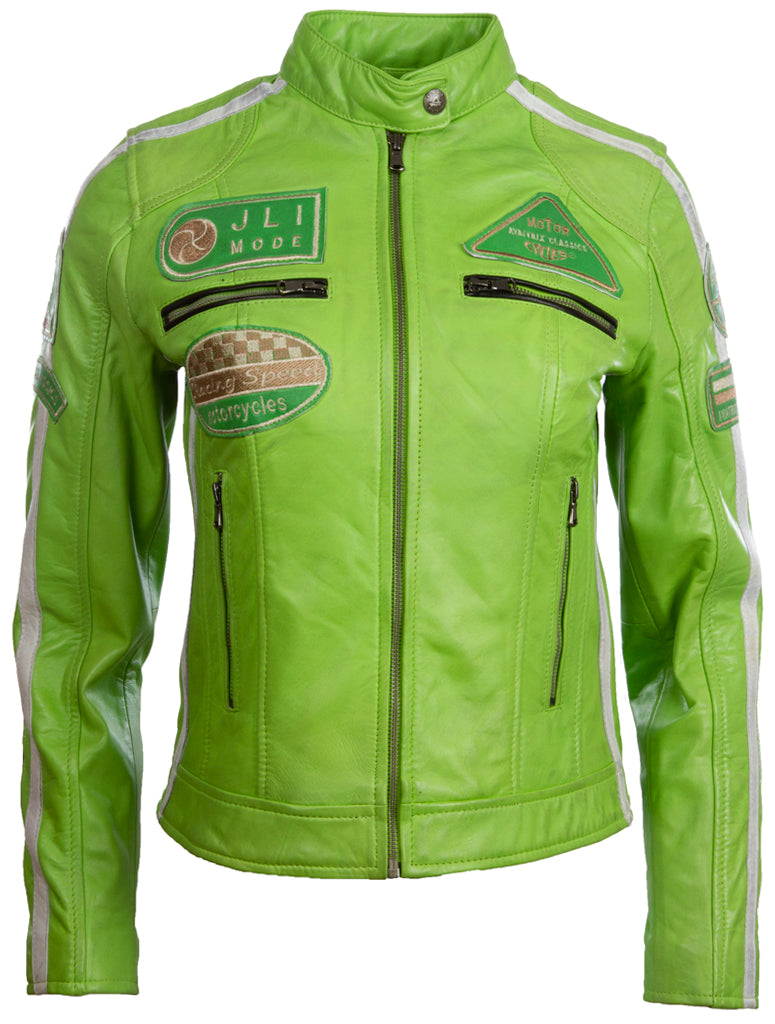 Aviatrix Women's Super-Soft Real Leather Band Collar Patch Fashion Biker Jacket (QOOC) - Parrot Green