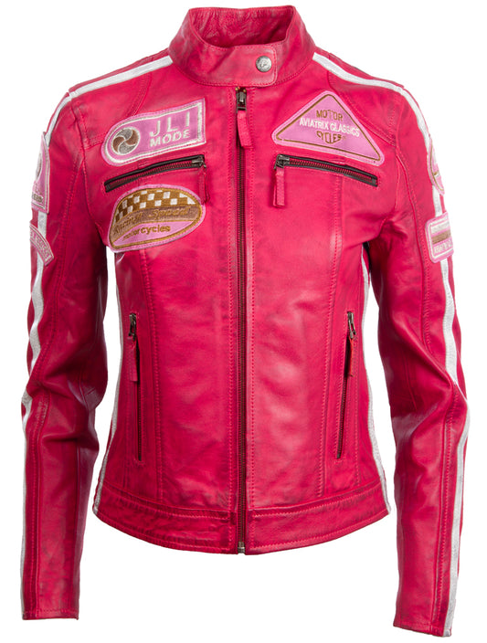 Aviatrix Damen Super-Soft Echtleder Band Kragen Patch Fashion Biker Jacke (QOOC) - rosa