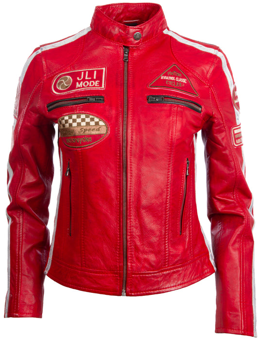 Aviatrix Chaqueta de motorista de moda con parche de cuello de banda de cuero real súper suave para mujer (QOOC) - Rojo