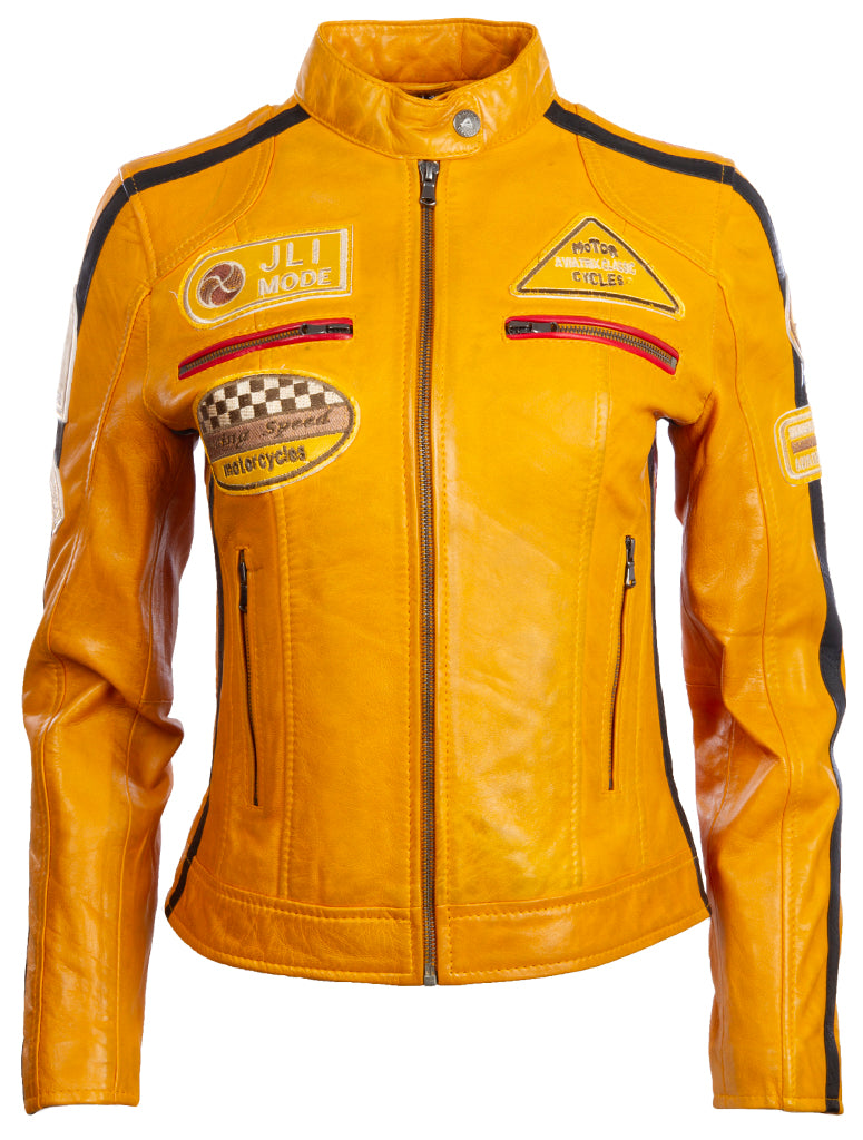 Aviatrix Chaqueta de motociclista de moda con parche de cuello de banda de cuero real súper suave para mujer (QOOC) - Amarillo