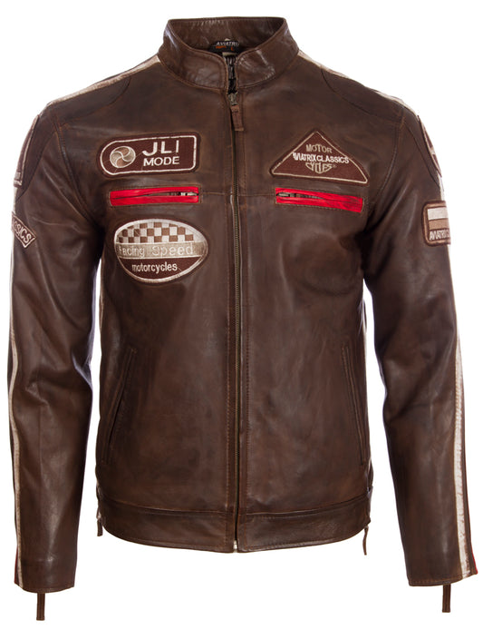 Aviatrix Men's Super-Soft Real Leather Band Collar Patch Fashion Biker Jacket (CXUS) - Nevada Brown