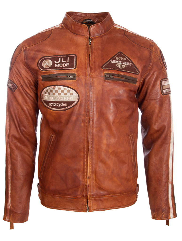 Aviatrix Men's Super-Soft Real Leather Band Collar Patch Fashion Biker Jacket (CXUS) - Nevada Timber