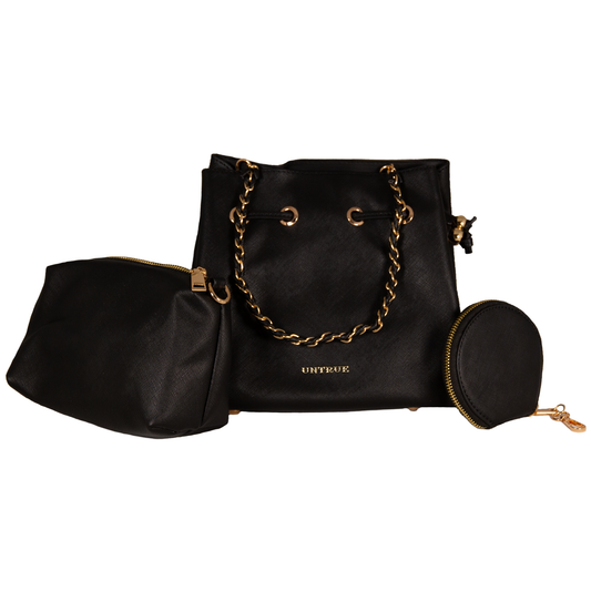 UNTRUE Women’s Haute Couture Gold Chain Drawstring Pouch Design Top-Handle Shoulder Bag Handbag Vegan Leather (ONMZ) - Black