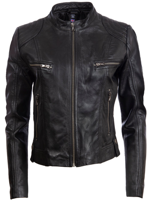 Aviatrix Damen Echt leder Short Fashion Biker Jacke (FPHE) - Schwarz