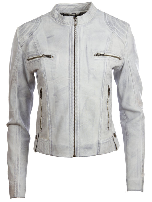 Giacca biker a moda corta in vera pelle da donna Aviatrix (FPHE) - Dirty White