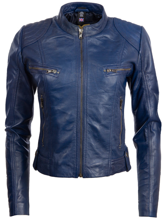 Aviatrix Women's Real Leather Short Fashion Biker Jacket (FPHE) - Midnight Blue