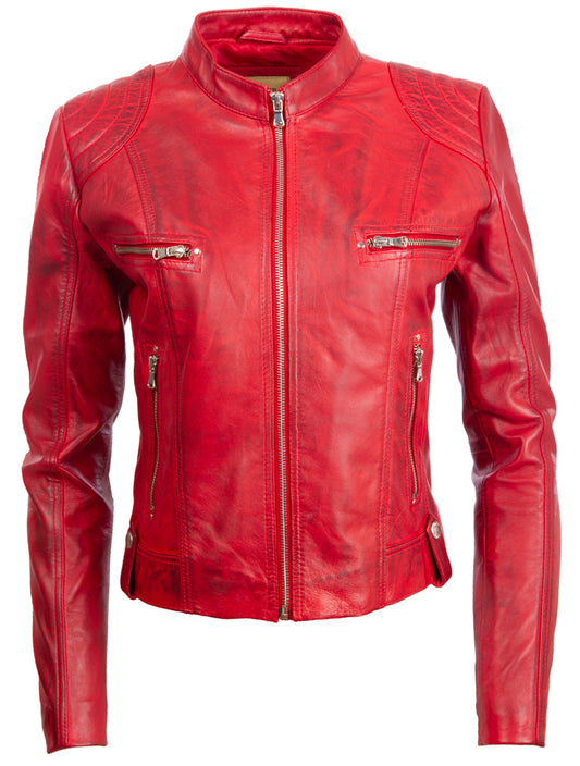 Chaqueta biker corta de cuero real para mujer Aviatrix (FPHE) - Rojo