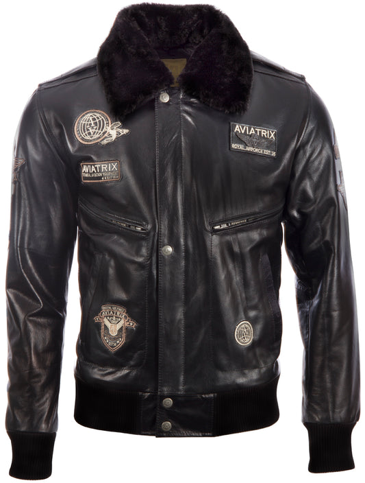 Aviatrix Men's Genuine Buffalo Leather Pilot Flight Aviator Bomber Jacket (YBOB) - Black