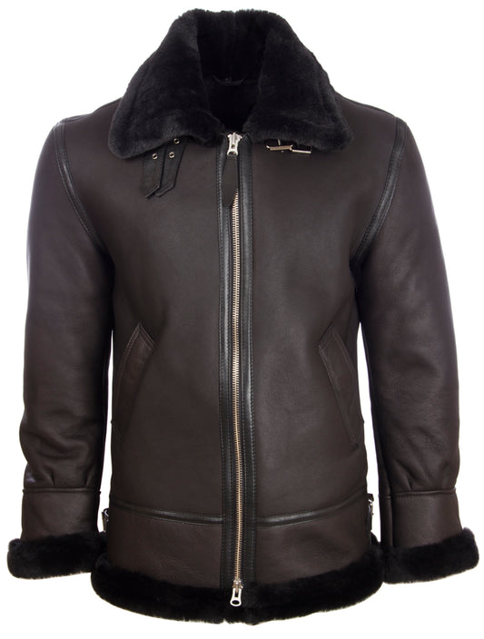 Veste de pilote d'aviator classique en cuir d'Aviatrix pour hommes (JeE2) - Noir / Fourrure noire