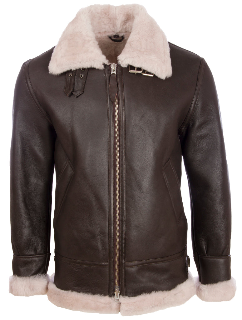 Aviatrix Men's Real Leather Shearling Classic Aviator Pilot Jacket (JEE2) - Brown/Beige Fur