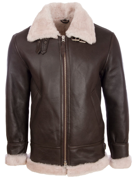 Chaqueta de piloto de aviador clásica de piel de oveja de Aviatrix para hombre (JEE2) - Piel marrón / beige