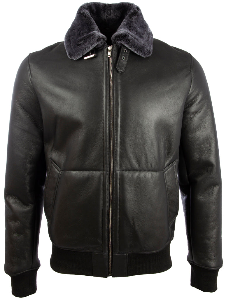 7DIA Men's Shearling Bomber Jacket - Black/Snowtop Fur