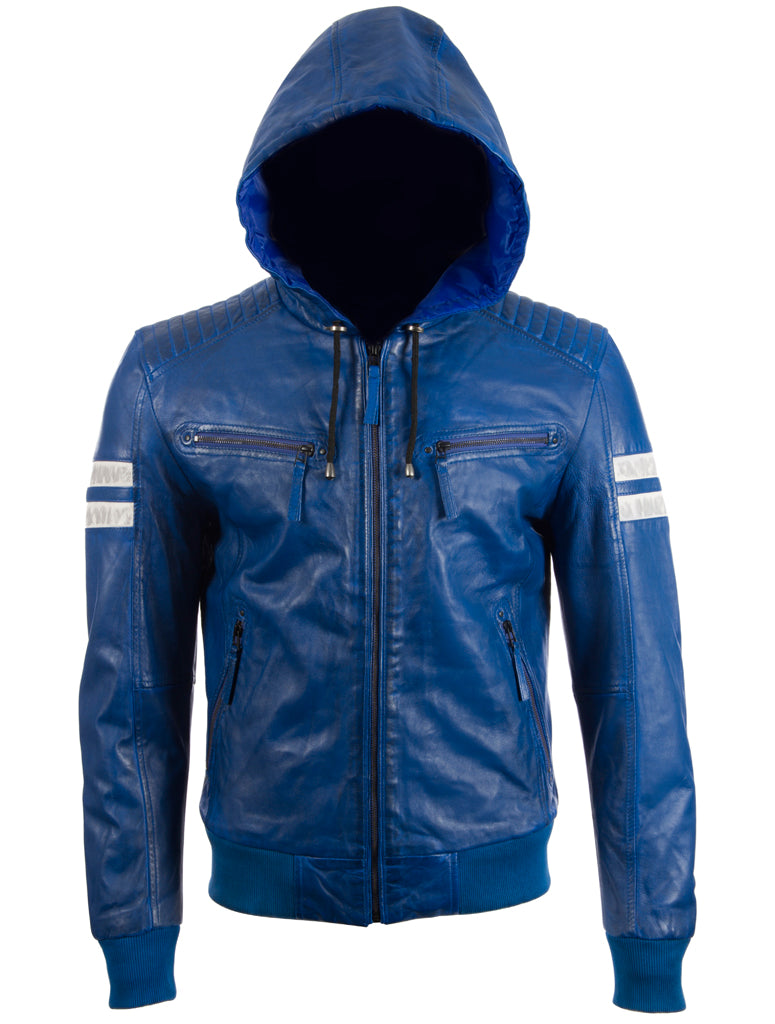 Aviatrix Men's Real Leather Slim Fit Fashion Jacket With Hood And Stripes (2VQ9) - Electric Blue