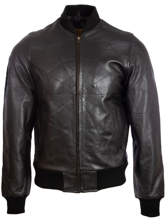 Aviatrix Men's Real Leather Web Design Fashion Bomber Jacket (4FZ5) -Black/Black Stitch