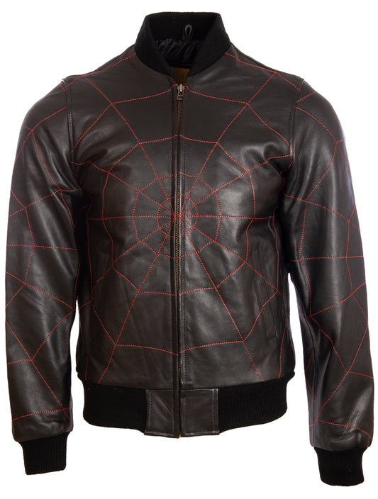 Aviatrix Men's Real Leather Web Design Fashion Bomber Jacket (4FZ5) - Puntada negra / roja