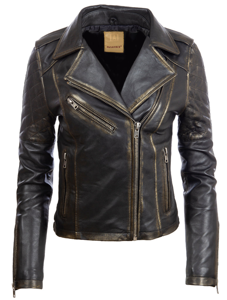 Veste biker Aviatrix Women’s Real Leather Vintage Look Fashion Biker Jacket (VVGJ)