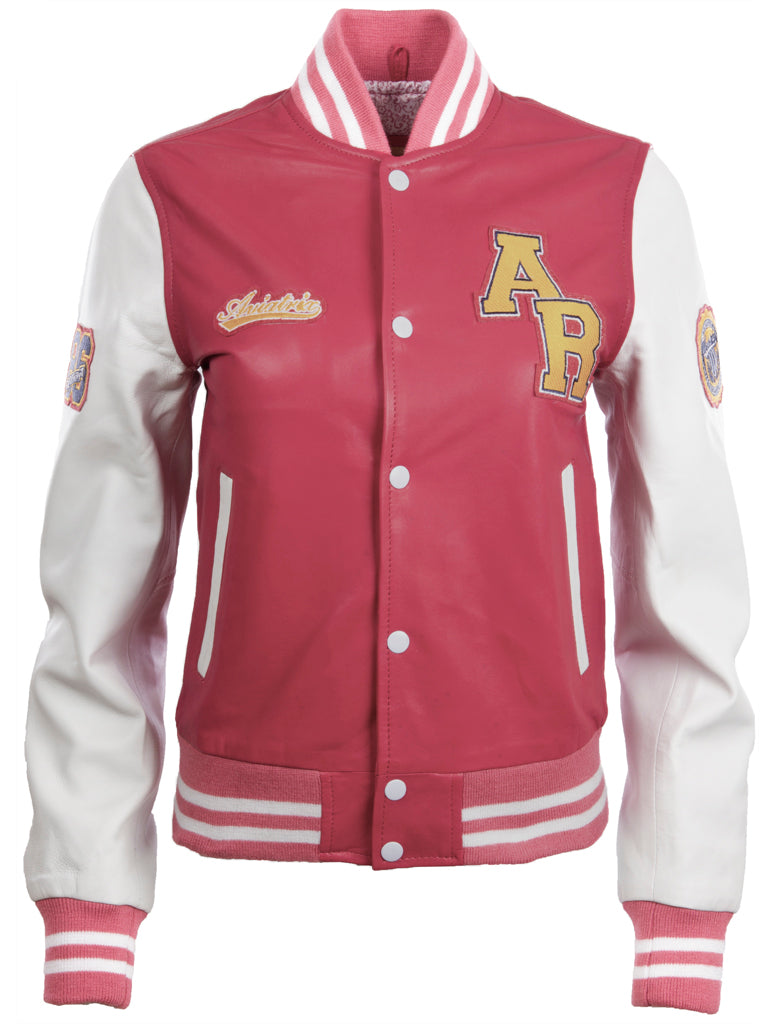 Aviatrix Women's Real Leather Varsity Letterman Patch Bomber Jacket (YWVV) - Pink/White