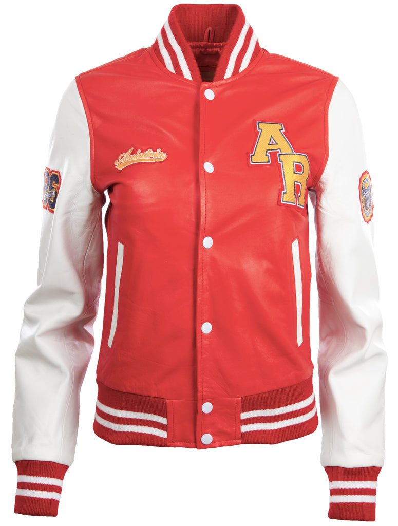 Aviatrix Women's real Leather Varsity Letterman Patch Bomber Jacket (YWVV)-Red/White