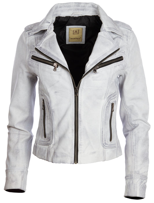 Aviatrix Women's Real Leather Short Fashion Biker Jacket (N8UL) - Dirty White