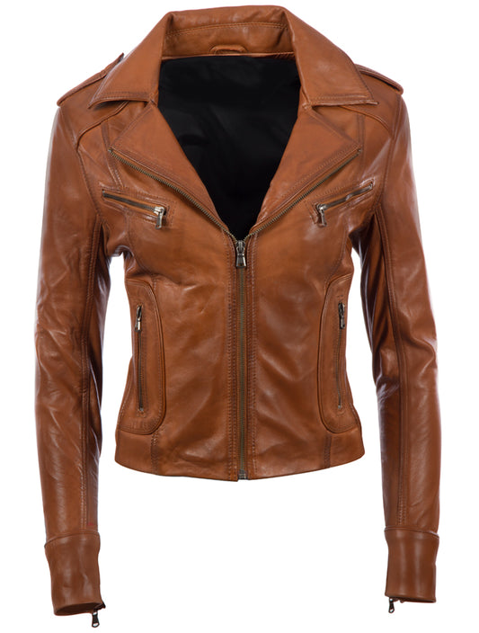 Aviatrix Women's Real Leather Short Fashion Biker Jacket (N8UL) - Timber