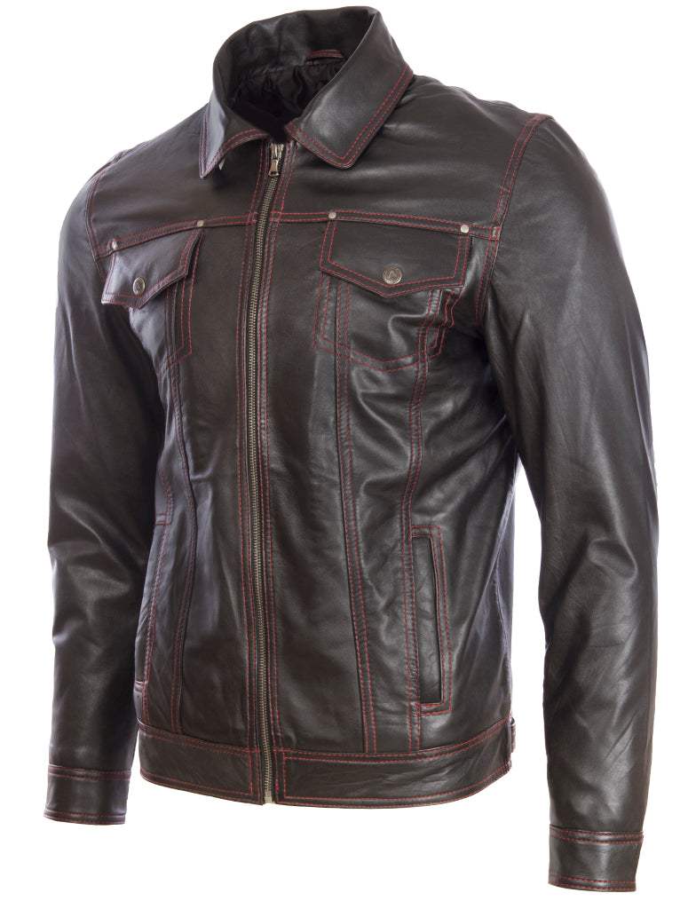 Aviatrix Men's Super-soft Real Leather Classic Harrington Fashion Jacket (AGQ5) - Black/Red Stitch