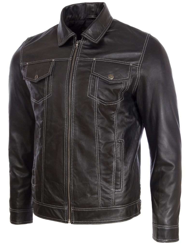 Aviatrix Men's Super-soft Real Leather Classic Harrington Fashion Jacket (AGQ5) - Black/White Stitch
