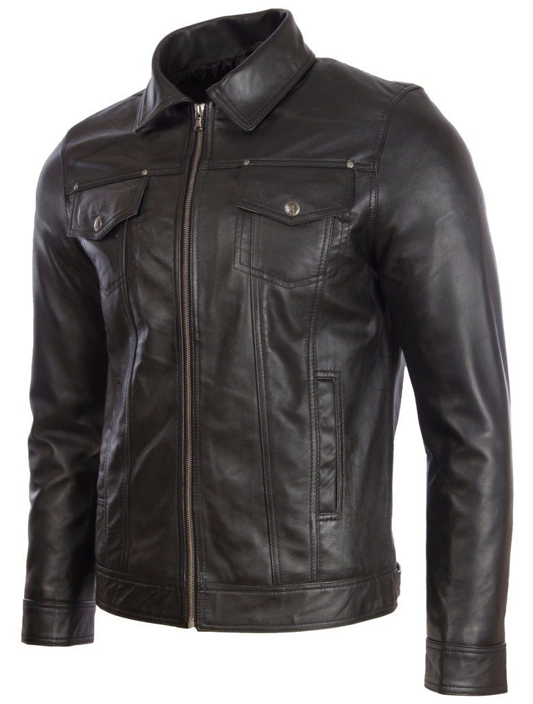 Aviatrix Men's Super-soft Real Leather Classic Harrington Fashion Jacket (AGQ5) - Black