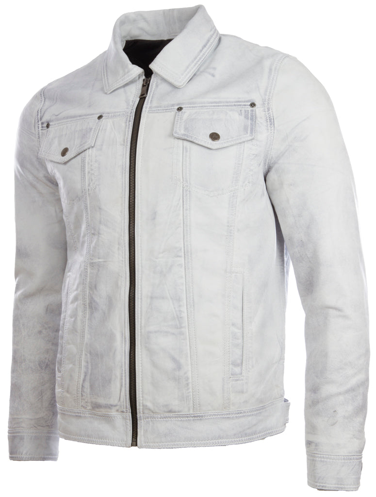 Aviatrix Men's Super-soft Real Leather Classic Harrington Fashion Jacket (AGQ5) - Dirty White