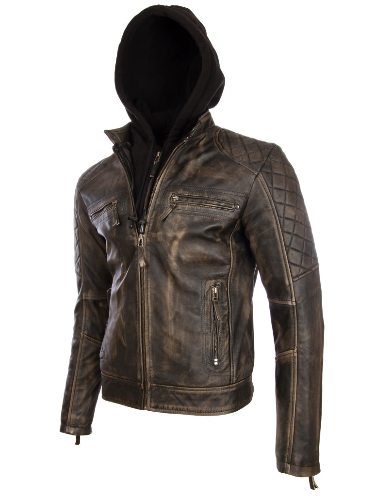 Men's Real Leather Vintage Look Biker Jacket with Removable Hood (2JB2)