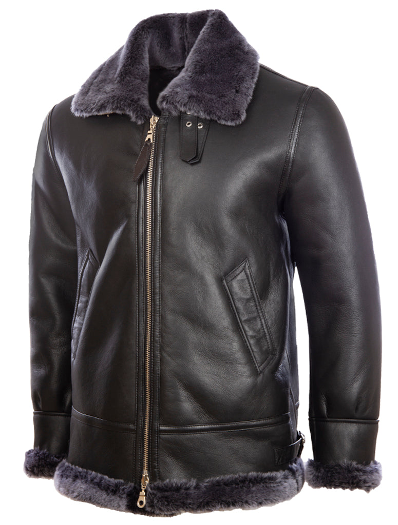 Aviatrix Men's Real Leather Shearling Classic Aviator Pilot Jacket (JEE2)-Black / Snowtop Fur