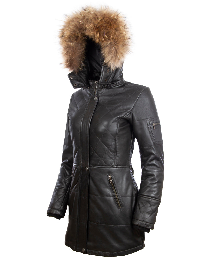 Trench-coat en cuir véritable Aviatrix Trois quarts avec capuche (N5SQ) - Noir