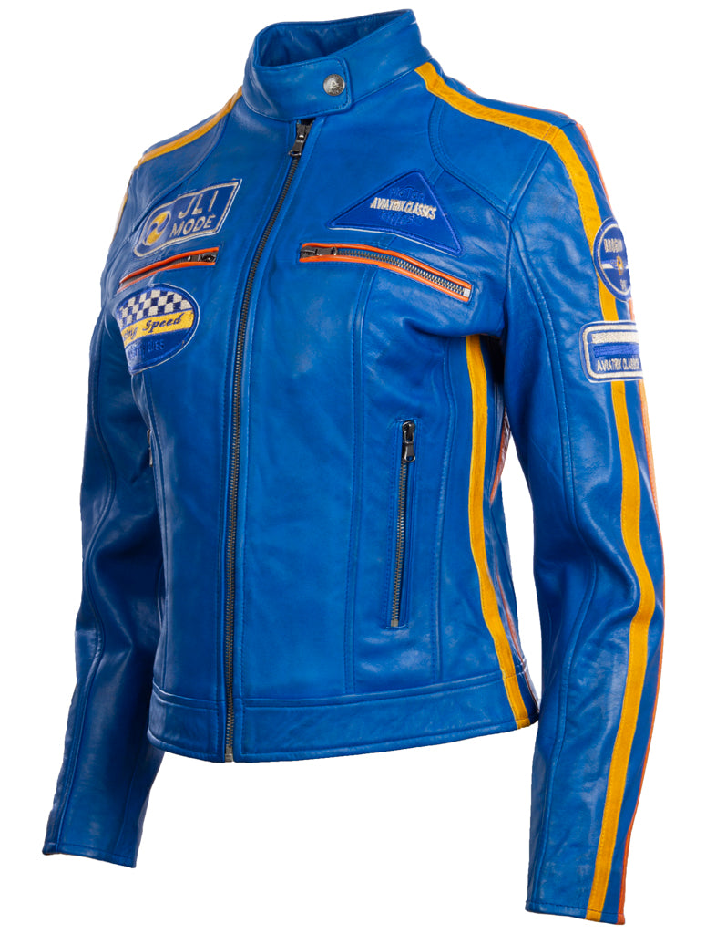 Aviatrix Chaqueta de motociclista de moda con parche de cuello de banda de cuero real súper suave para mujer (QOOC) - Azul eléctrico