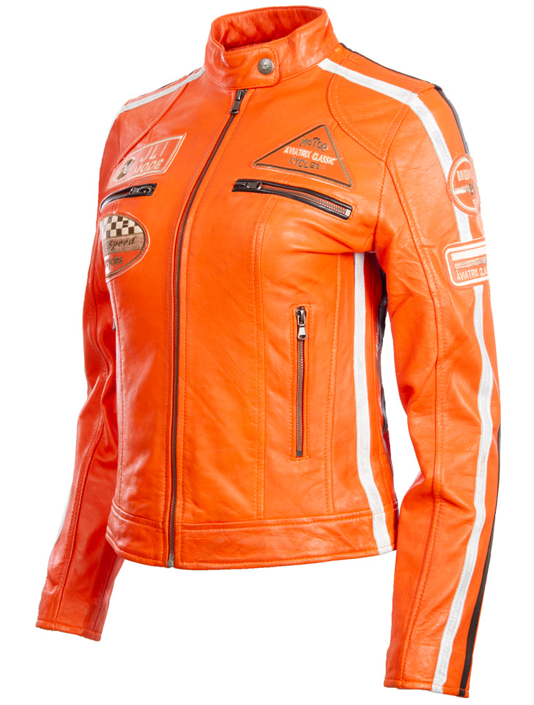 Giacca biker di moda Aviatrix Donna Super-Soft Real Leather Band Patch Fashion Biker (QOOC) - Arancione Chiaro