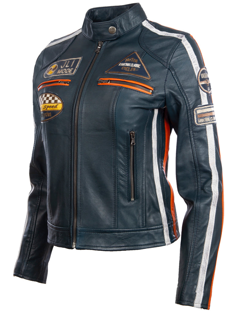 Aviatrix Women's Super-Soft Real Leather Band Collar Patch Fashion Biker Jacket (QOOC) - Navy Blue