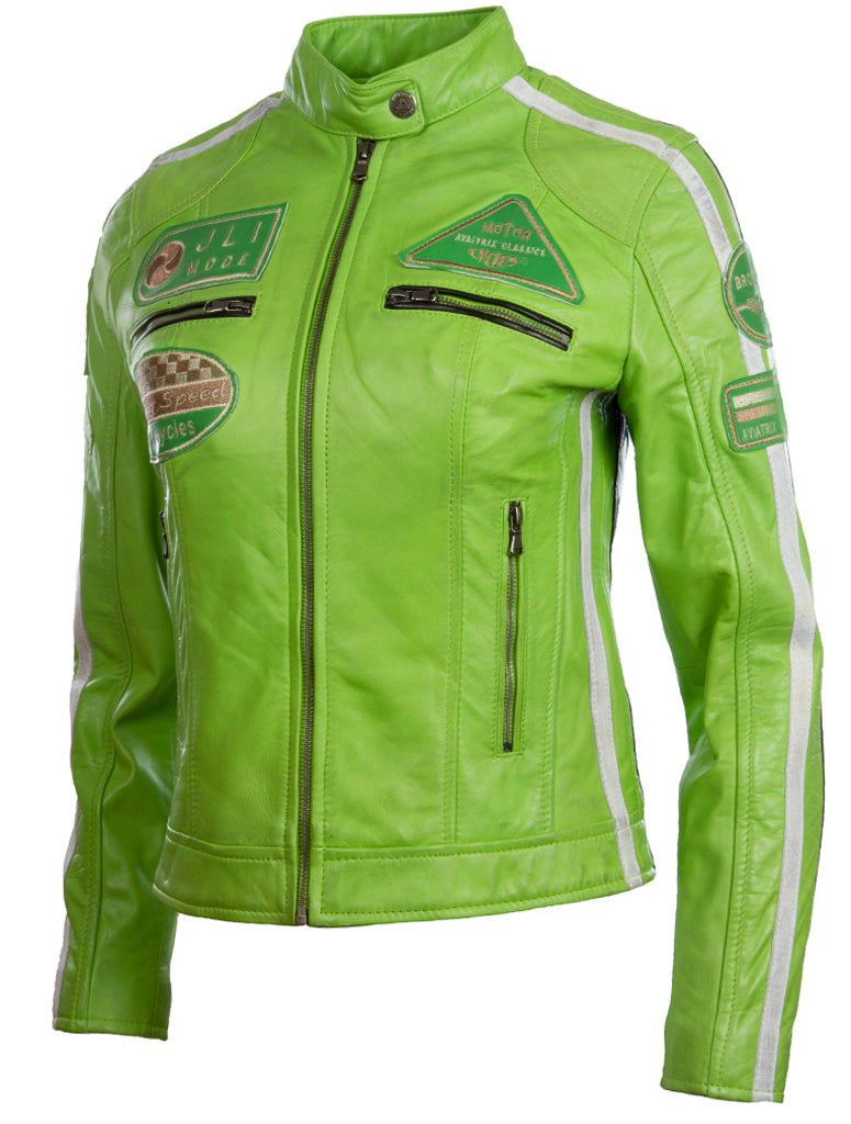 Veste biker fashion biker patch (QOOC) Super-Soft Real Leather Band Band Pour Femmes Aviatrix - Parrot Green